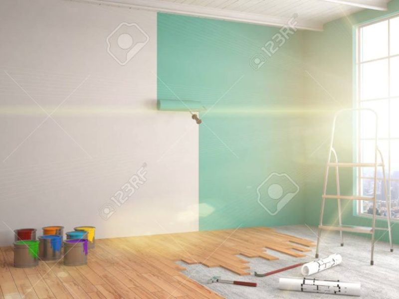 Repair and painting of walls in room. 3D illustration.